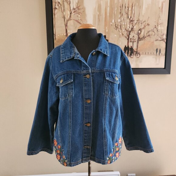 Vintage Jackets & Blazers - Floral embroidered denim jacket